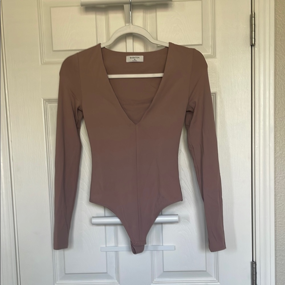 Babaton Mauve Long Sleeve V-Neck Bodysuit